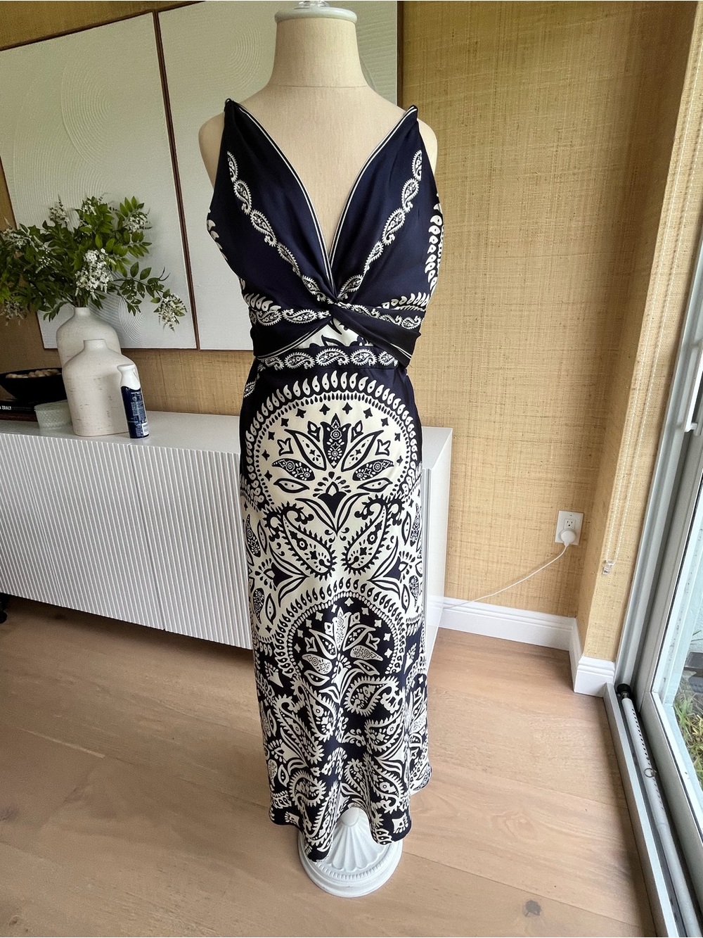 Navy blue and beige Printed Twist-Front Maxi Dress